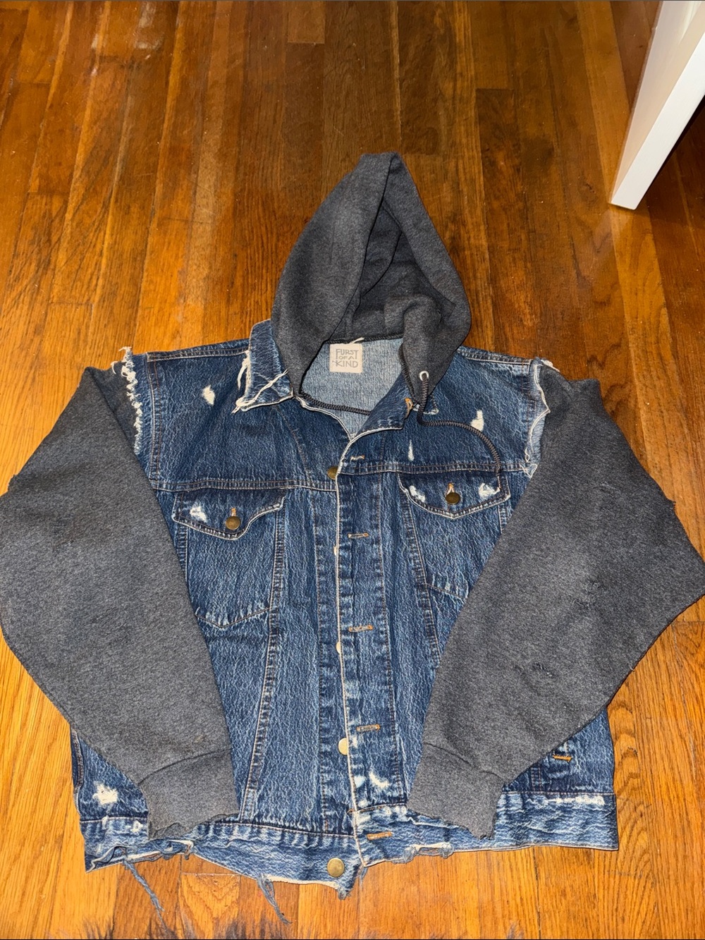 Unbranded Distressed Blue Denim Bomber Jacket with Charcoal Hooded Sleeves